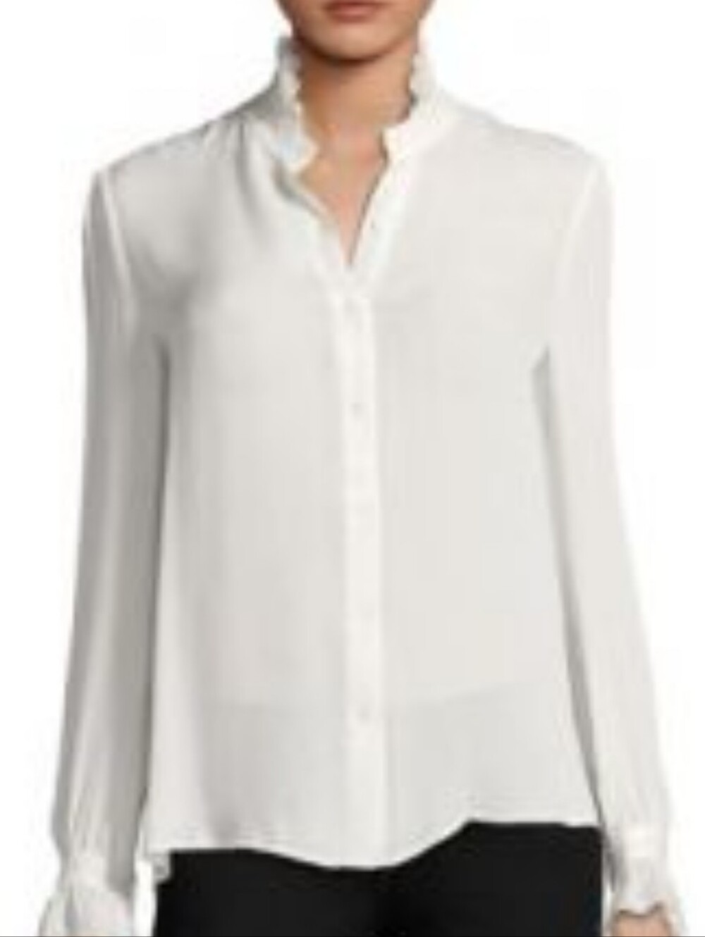 L'AGENCE Silk White Ruffle-Trim Button-Down Blouse XS